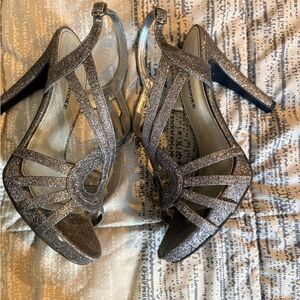 Audrey Brooke Glittery Strapy Heels in Pewter